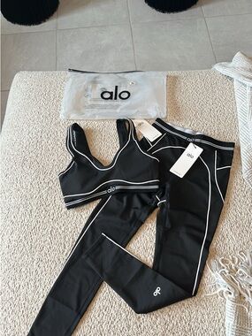 ALO Yoga Black with White Piping Leggings & Sports Bra Set